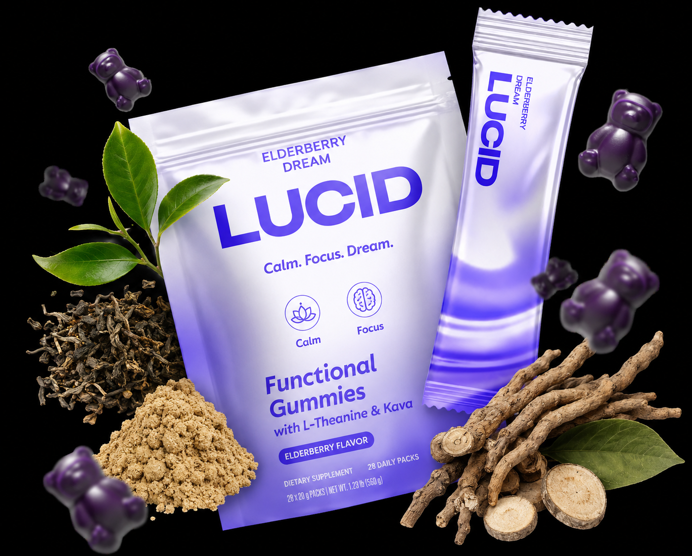 LUCID stick flanked by green tea leaves and kava root.
